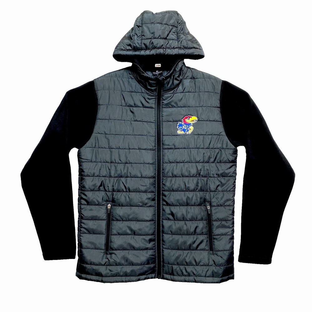 Kansas Jayhawks Jacket Mens Small Black Gray Fleece Arms Hooded Full Zip Puffer